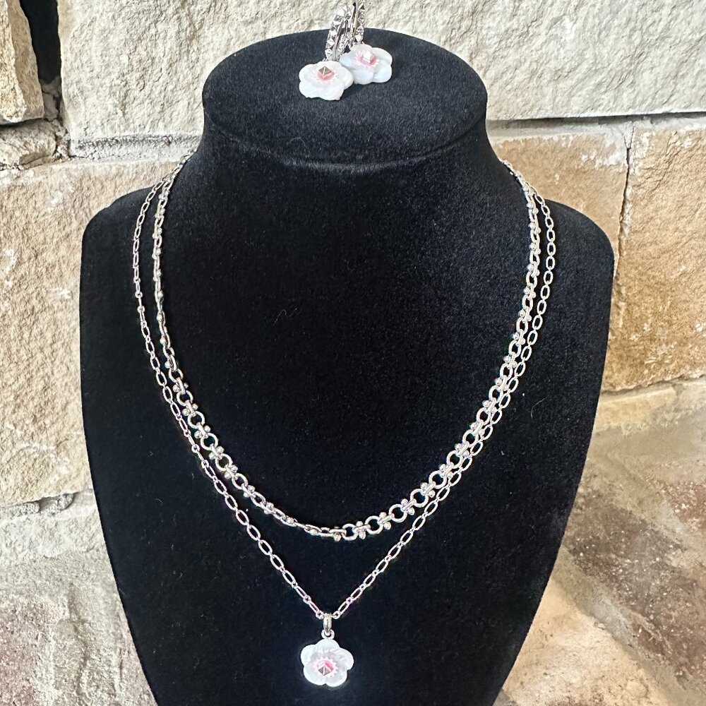 Kendra Scott Deliah Silver Multi Strand Necklace & Earrings in Iridescent Pink